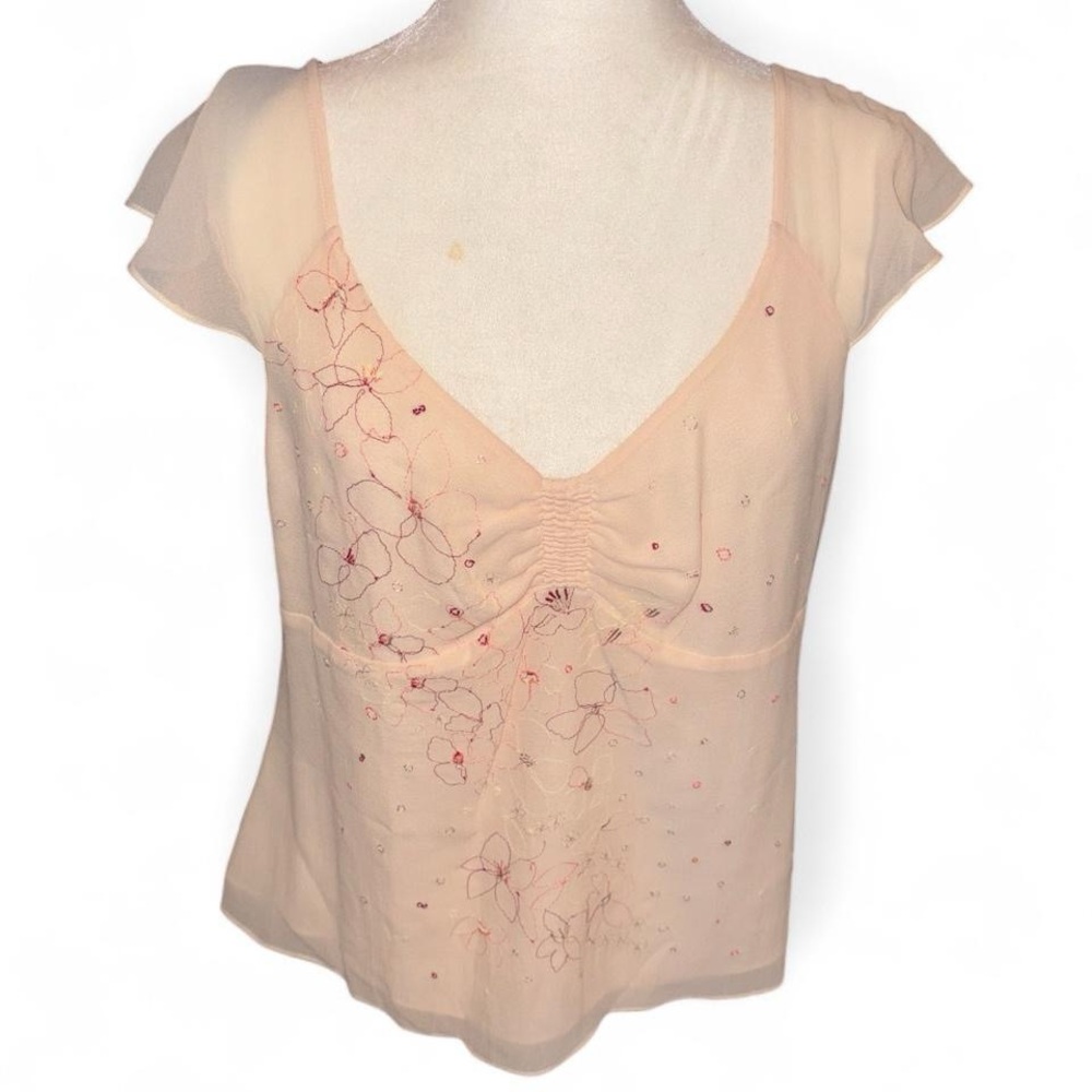 DKNY Pink Silk Flutter sleeves Scoop Neck Floral line Y2K fairycore Top size 12